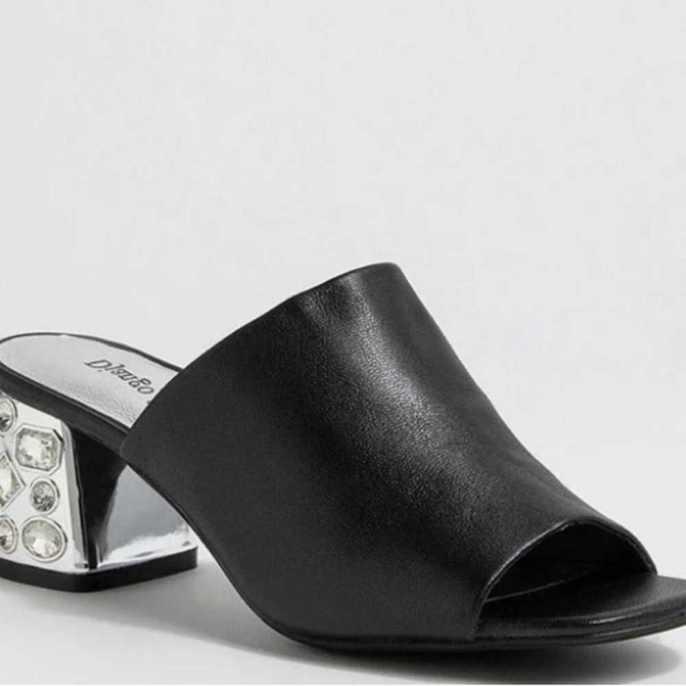 Black and Silver Mules with Crystal Embellished Heel